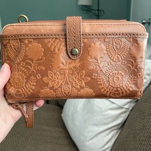 The Sak, wallet/wristlet. Brown with floral/leaf print. Used.
